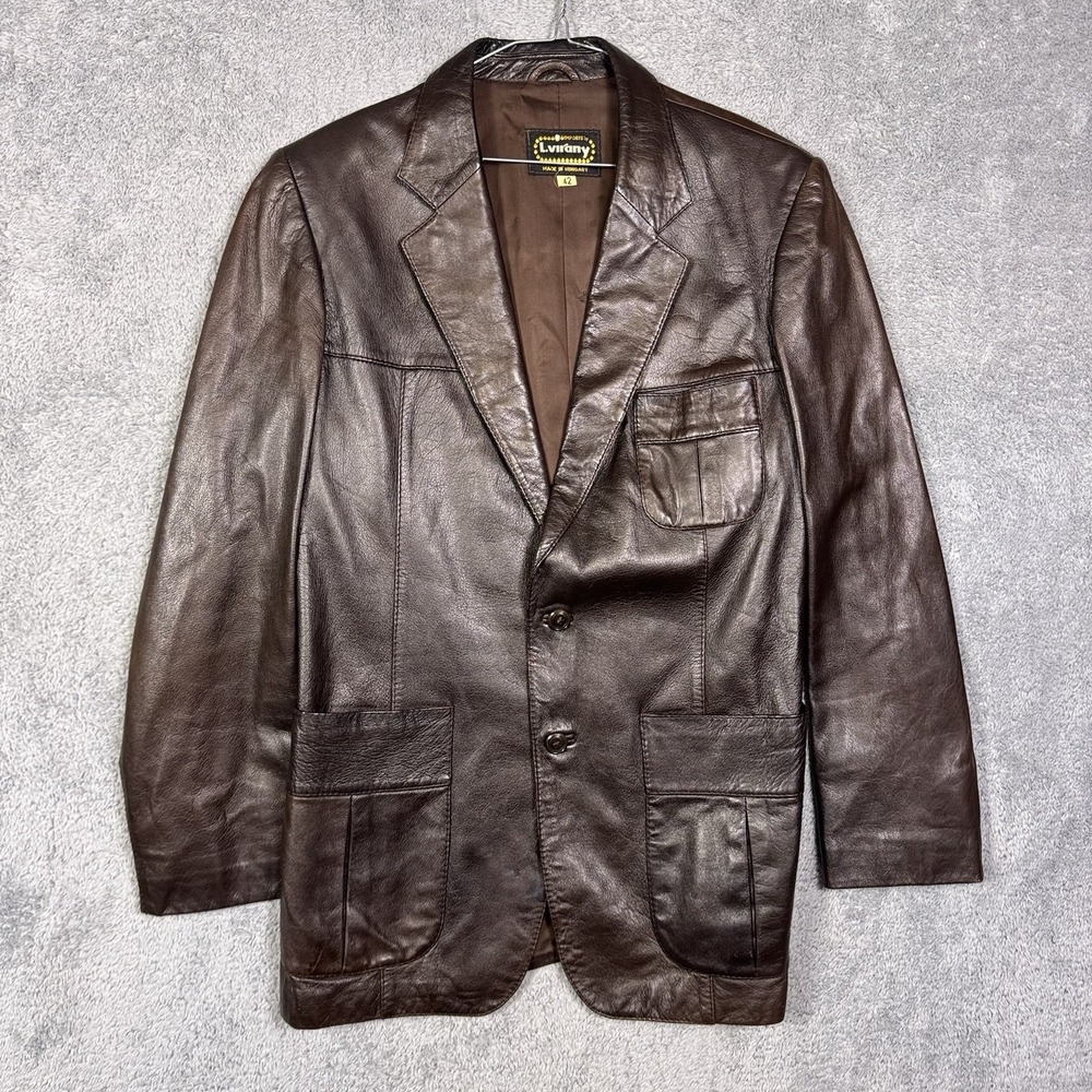 Virany Leather‎ Jacket Mens 42 Blazer 2 Button Chocolate Brown Vintage